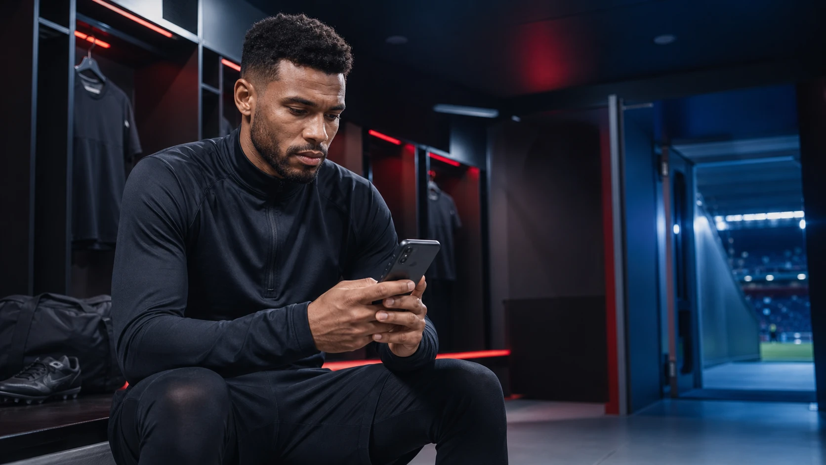 Football player checking an Android app installation in a stadium locker room