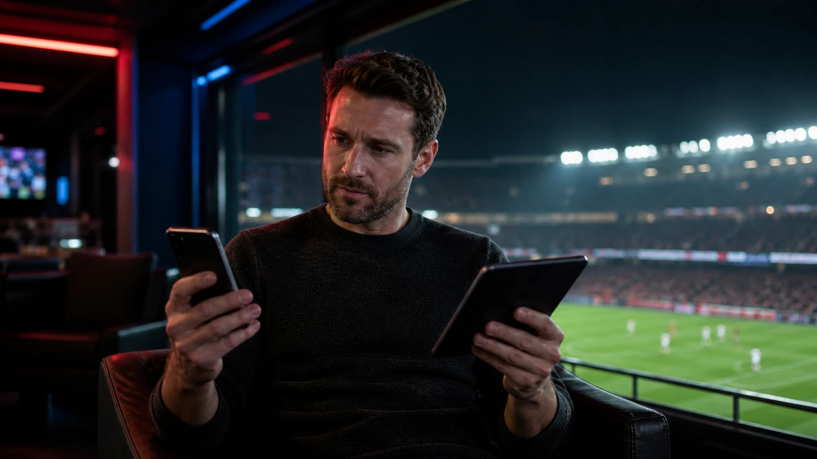 Sports fan comparing mobile app and browser access at a football stadium