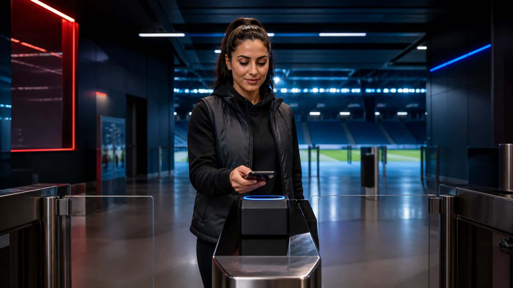 Sports fan using a secure cashless payment point at an arena