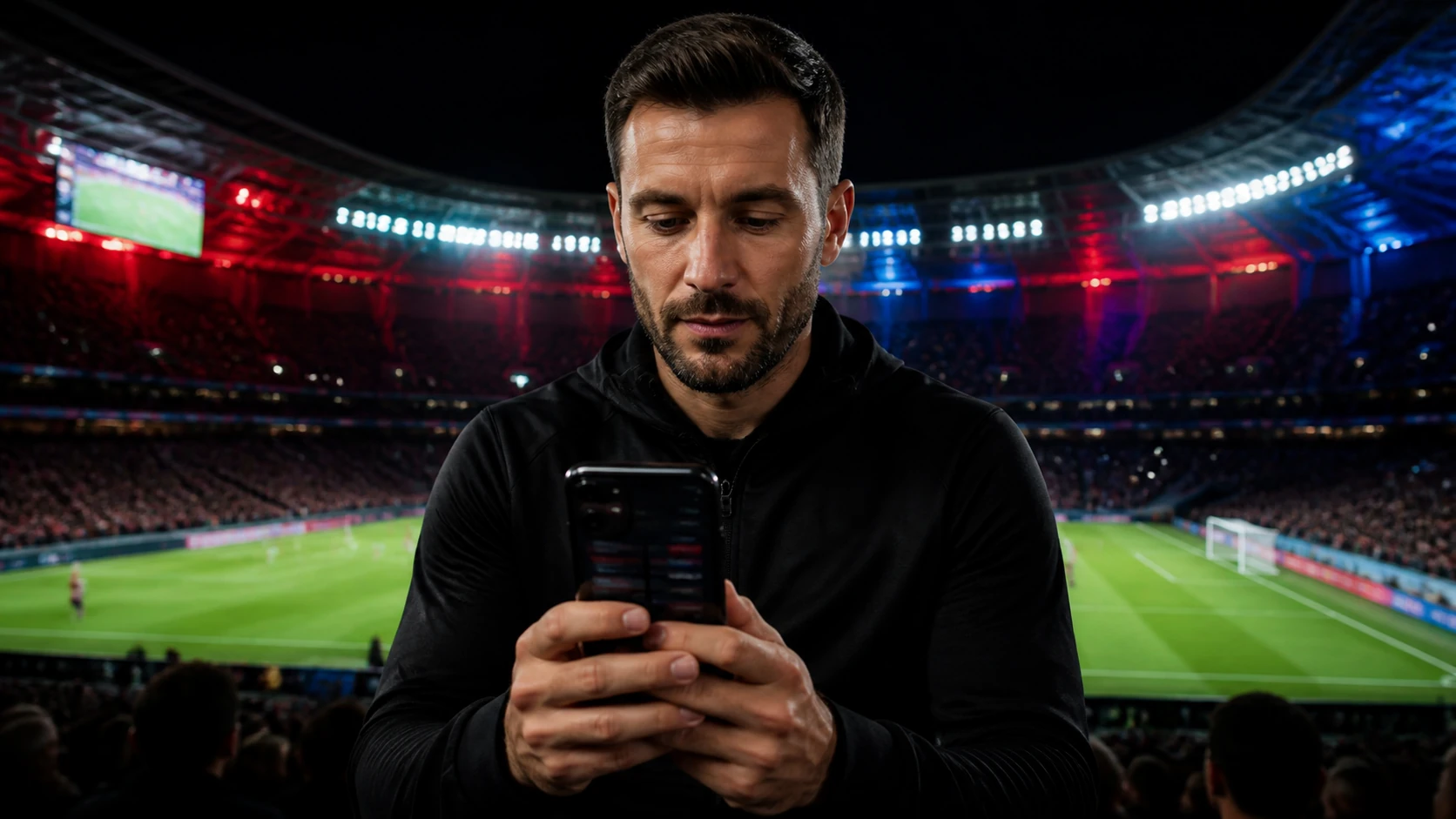 Sports fan using a mobile sportsbook during a live football match